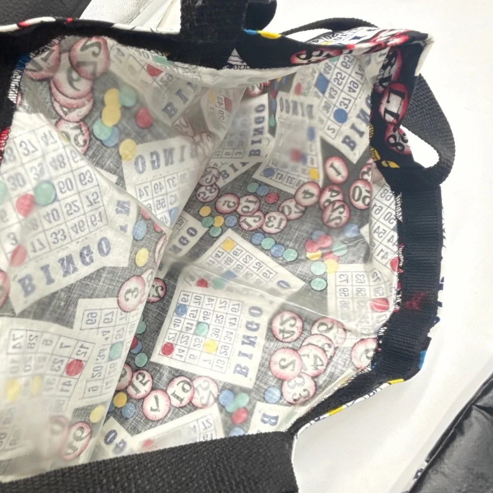 Bingo Card Print Tote Bag Set of 2 Black Novelty Gaming Shoulder Bags Retro